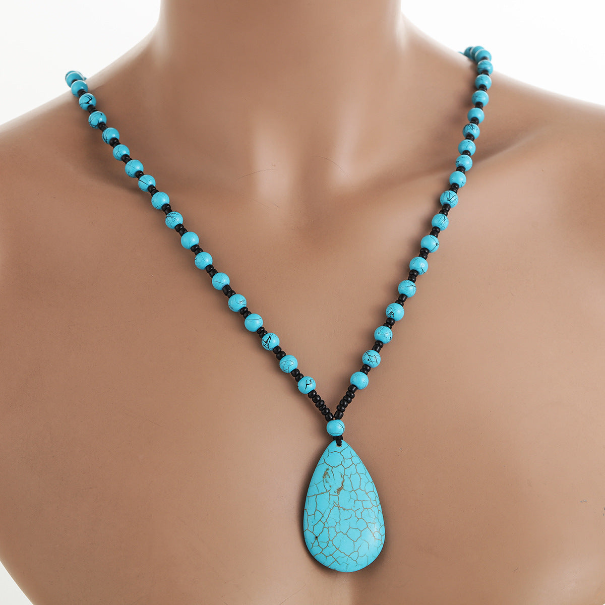 Wholesale Natural Turquoise Beaded Necklace with Water Drop Pendant,  Retro Ethnic Style Fashion Jewelry Accessory for Boutique Resale