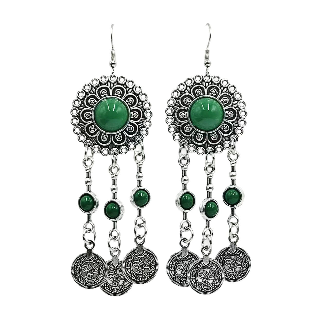Wholesale Alloy Vintage Coin Tassel Earrings,  Black Bohemian Dangle Earrings,  Trendy Jewelry Accessory for Women