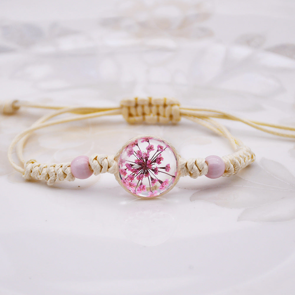 Wholesale Women' s Handmade Dried Flower Bracelet with Glass Ball Charm,  Red,  Boutique Resale Gift for Everyday Wear