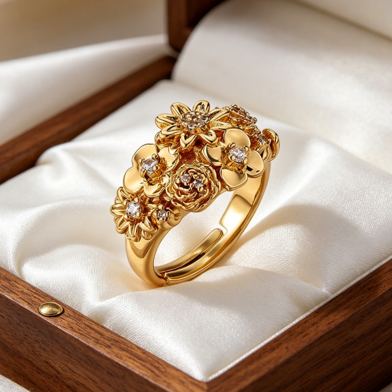 Wholesale Copper Open Flower Ring with Zircon for Women Everyday Wear Fashion Accessory