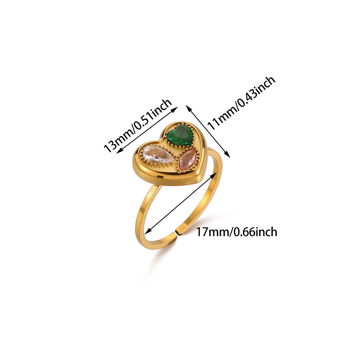 Wholesale Gold Plated Heart Shape Open Ring with Multicolor Zircon - Boutique Resale Jewelry Accessory