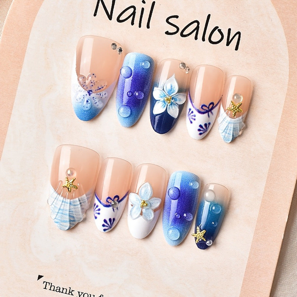 Wholesale 30Pcs Sweet Mermaid Beach Press On Nails With 3D Pearls Starfish Shells Almond Shaped DIY Manicure Set For Women