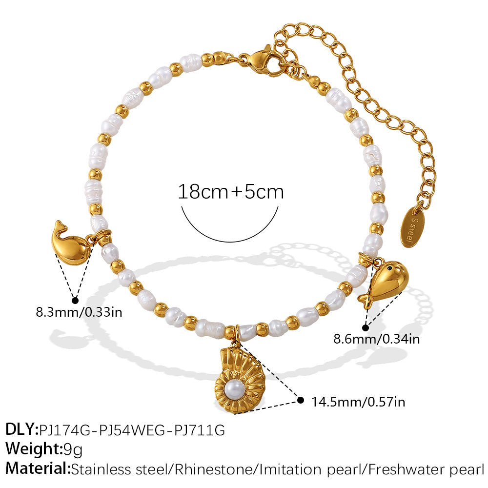 Wholesale  Fashion Creative Ocean Theme Freshwater Pearl DIY Dolphin Pendant Bracelet Plated with 18K Gold Niche Jewelry for Women