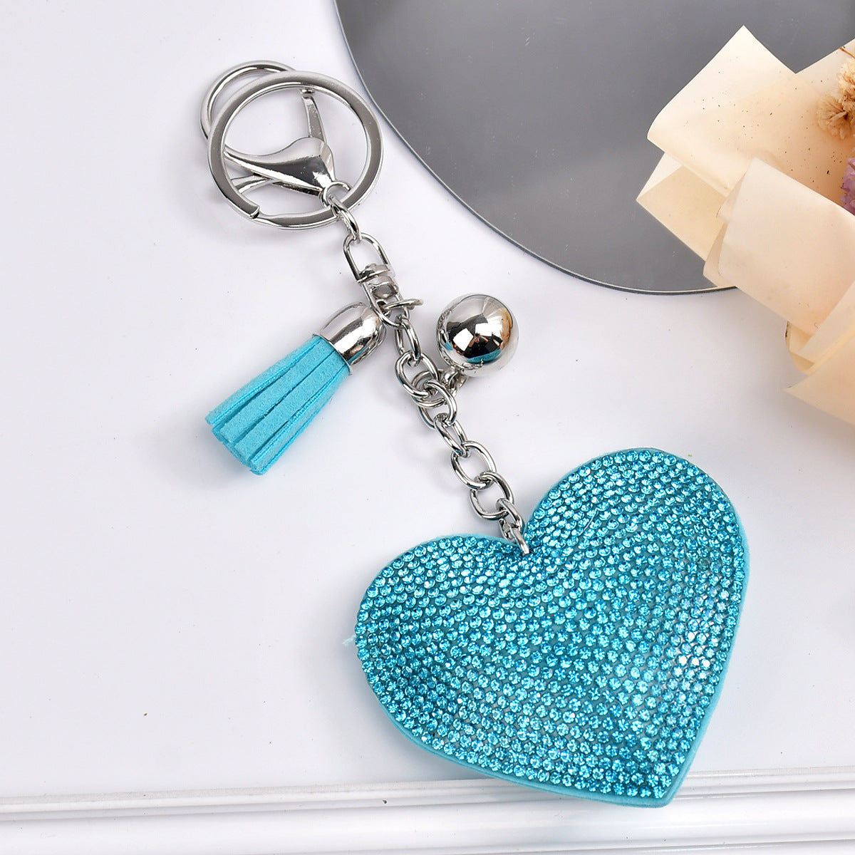 Wholesale  Peach Heart Rhinestone Leather Keychain