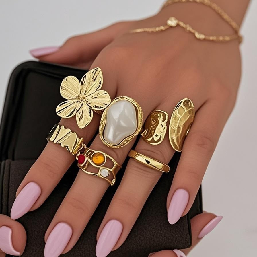 Wholesale Gold Plated Zinc Alloy Adjustable Flower Ring with Faux Pearl Accents Fashion Jewelry Accessory