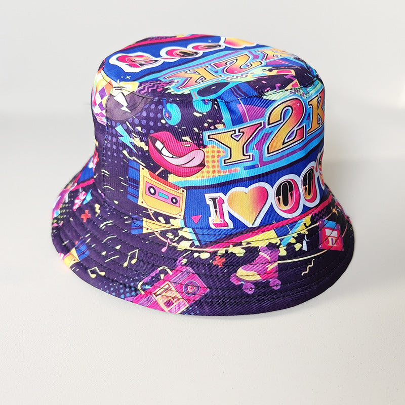 Wholesale Printed Cartoon Fisherman Hat,  Double-Sided Retro Sunshade,  Casual Outdoor Hat for Men Women