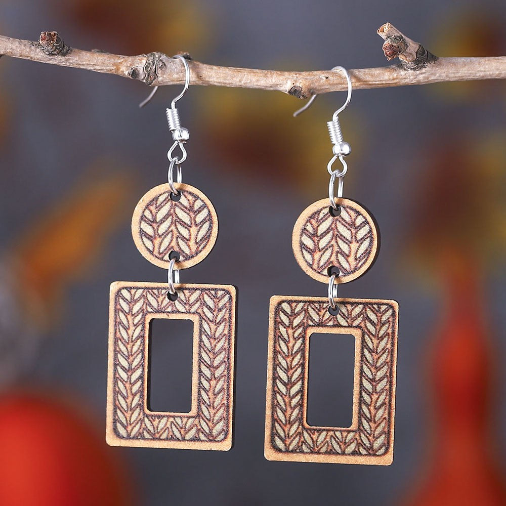 Wholesale  Long U-shaped Geometric Square Hollow Wooden Earrings