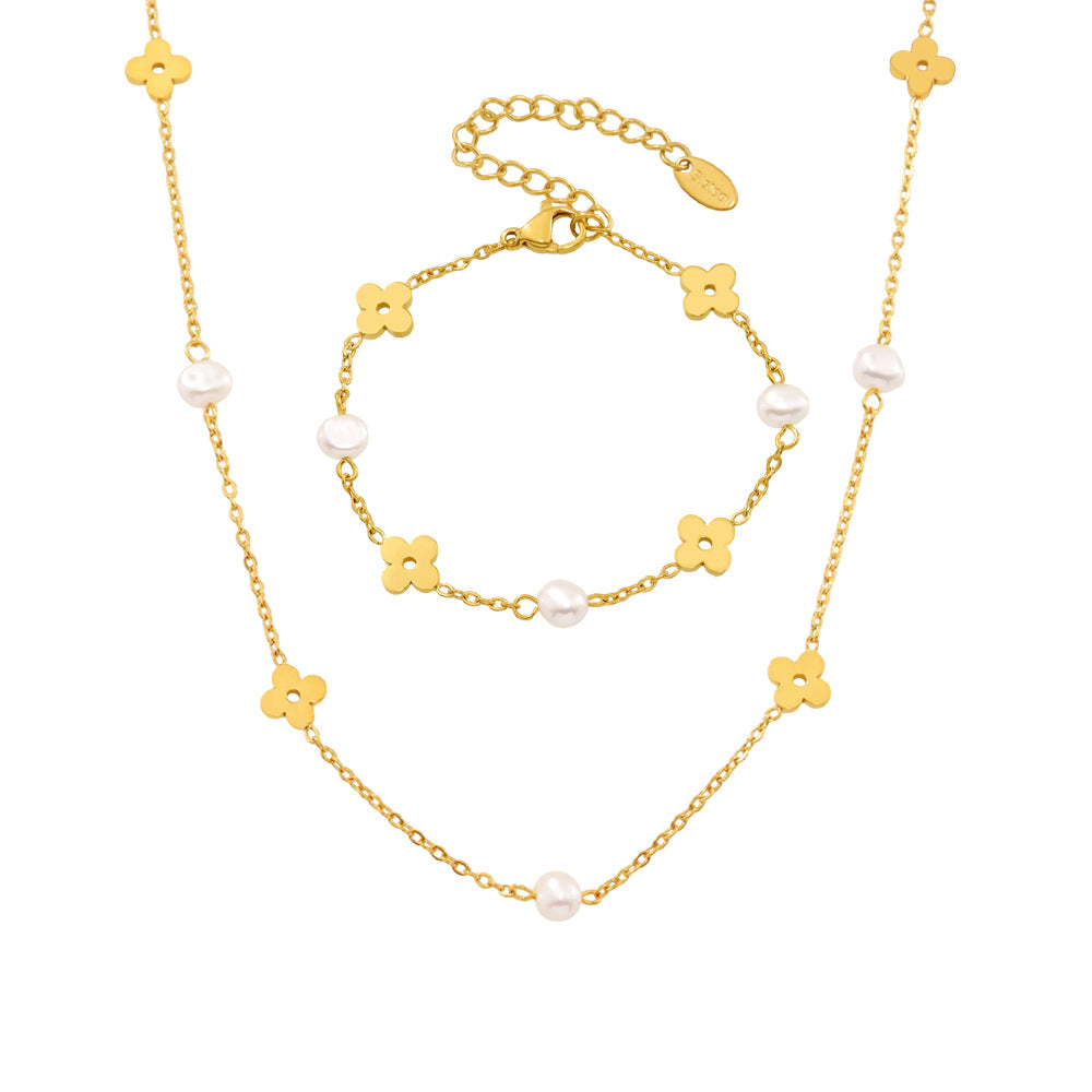 Wholesale Freshwater Pearl Flower Chain Necklace Stainless Steel Gold Plated Boutique Resale