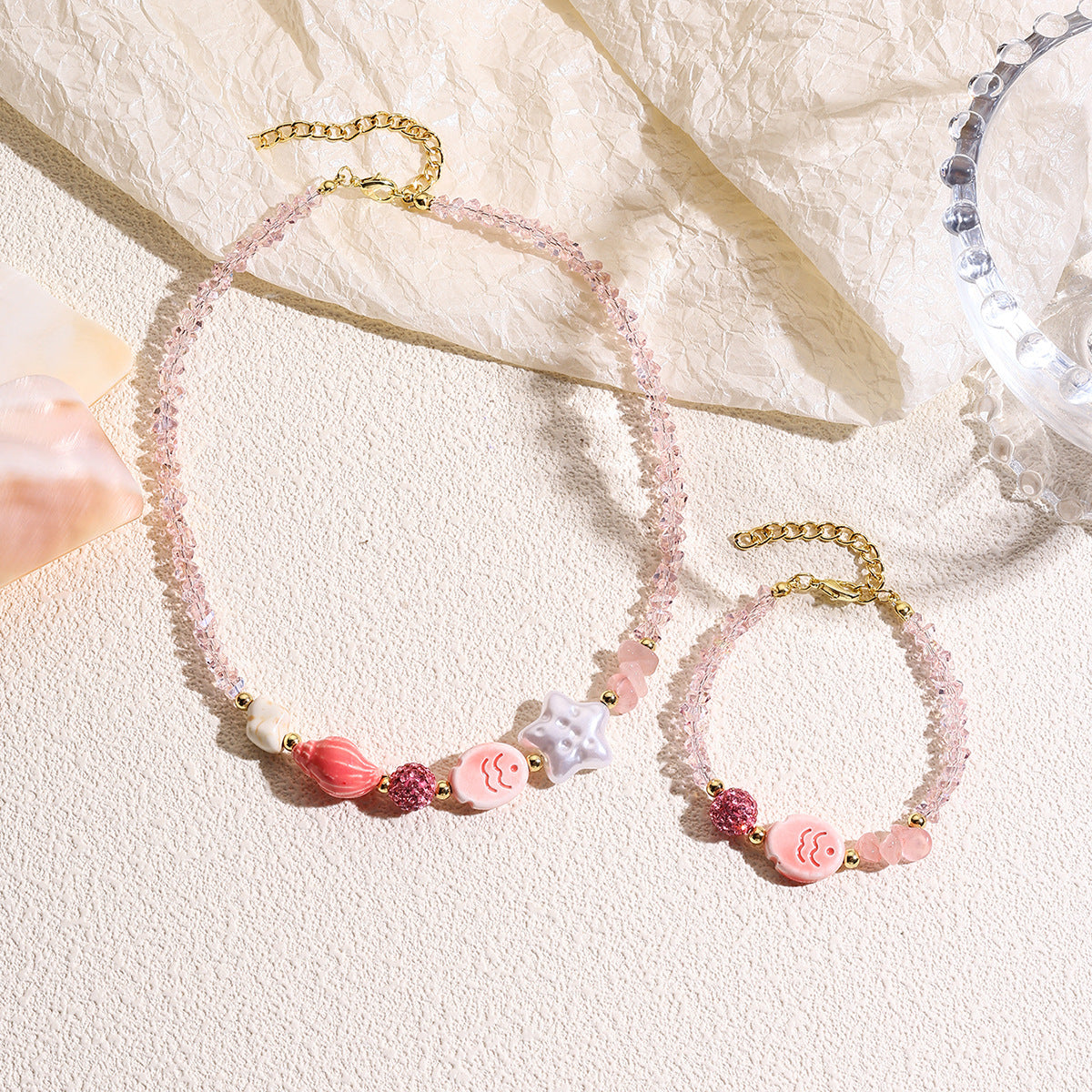 Wholesale Starfish shell necklace with marine resort style colorful crystal beaded necklace bracelet set