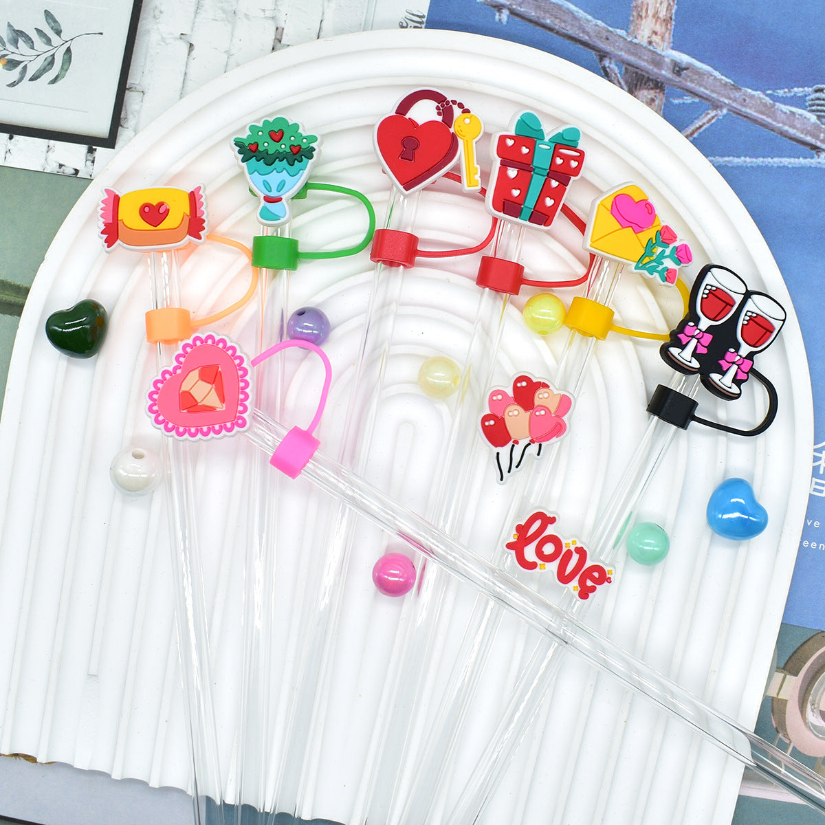 Wholesale Random 100pcs Valentine's Day 10mm PVC Soft Straw Tube Cap ACC-SCR-RYY102