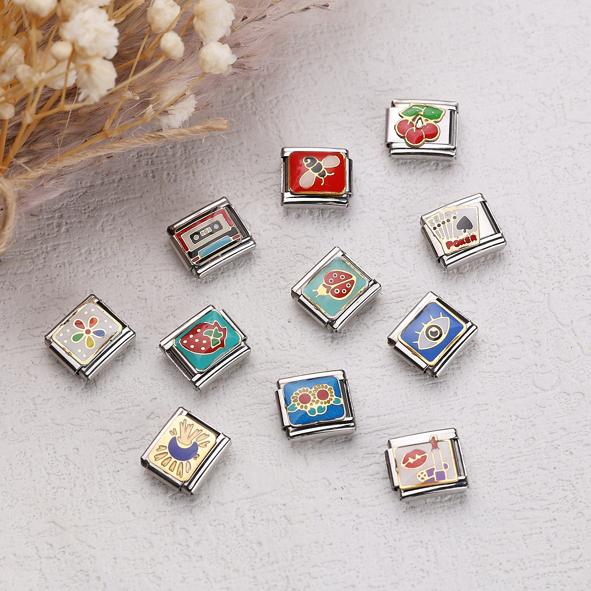 Wholesale 10pcs Italian Charm Bracelet 9mm DIY Splicing Cherry Paper Plane Stainless Steel Composable Bracelet