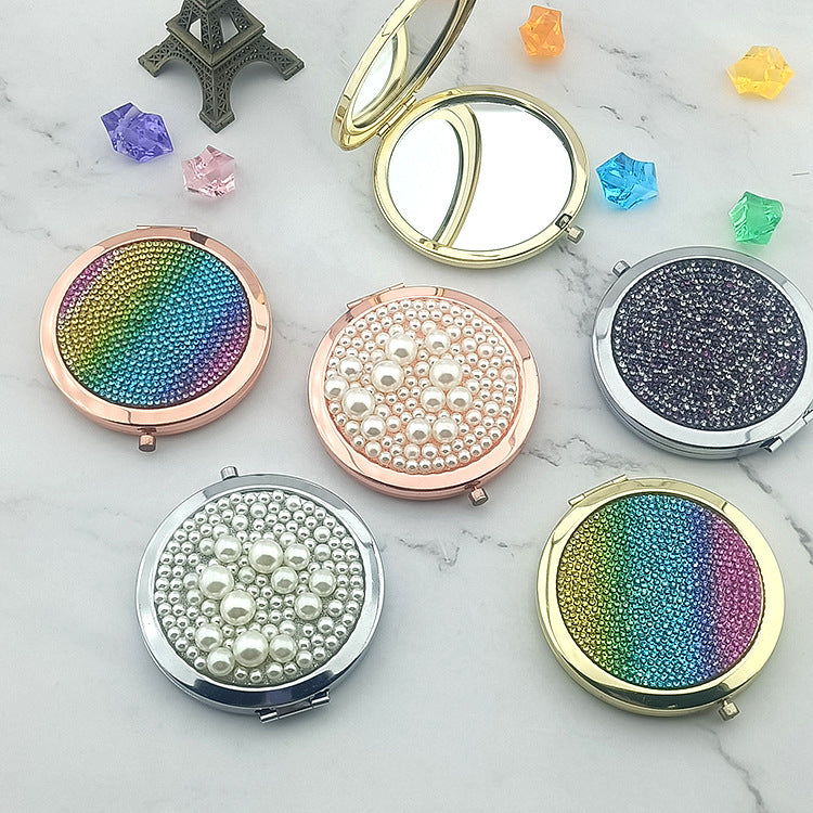 Wholesale Round Diamond Small Mirror Portable Folding Pearl Diamond Cosmetic Mirror ACC-MR-GuoYan001