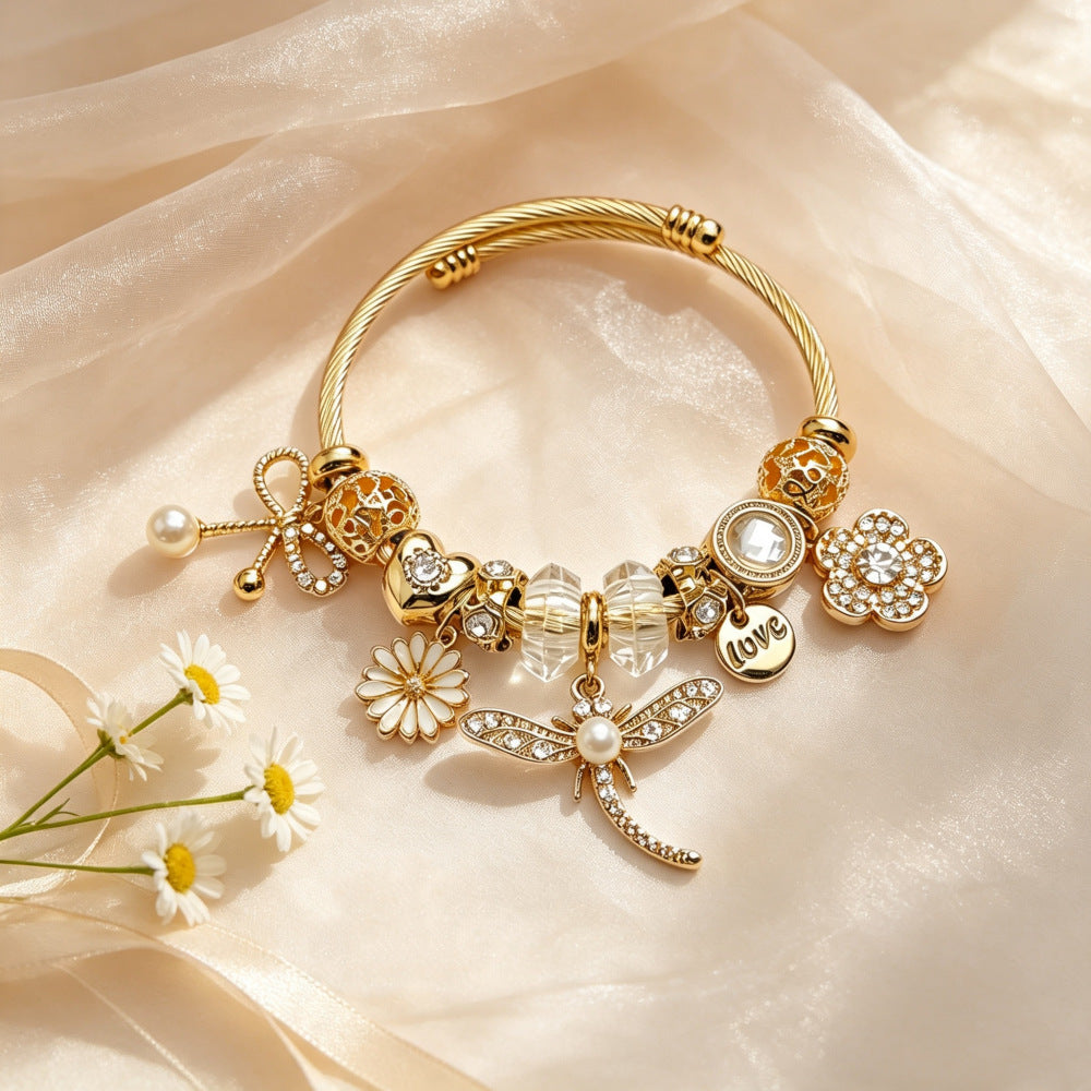 Wholesale Pastoral Gold Open Cuff Bangle With Dragonfly Bee Bow Pearl Charm Stainless Steel Women S Fashion Jewelry Accessory Boutique Resale Gift