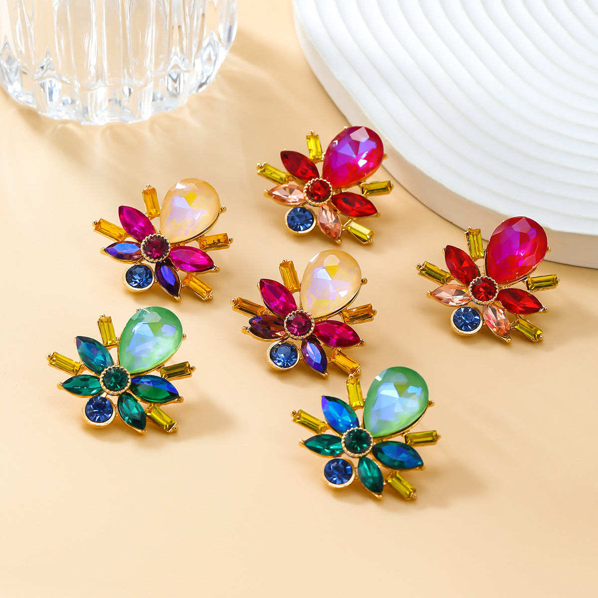 Wholesale colored diamond full diamond flower stud earrings alloy earrings ACC-ES-JL017