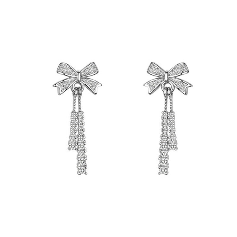 Wholesale  S925 Sterling Silver Short Bow Micro-inlay Tassel Earrings