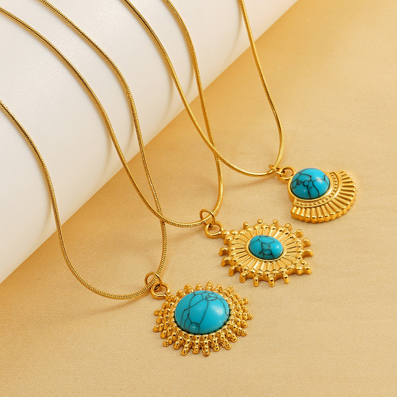 Wholesale Titanium Steel Turquoise Pendant Necklace for Women,  Geometric Star Chain,  Trendy Fashion Accessory