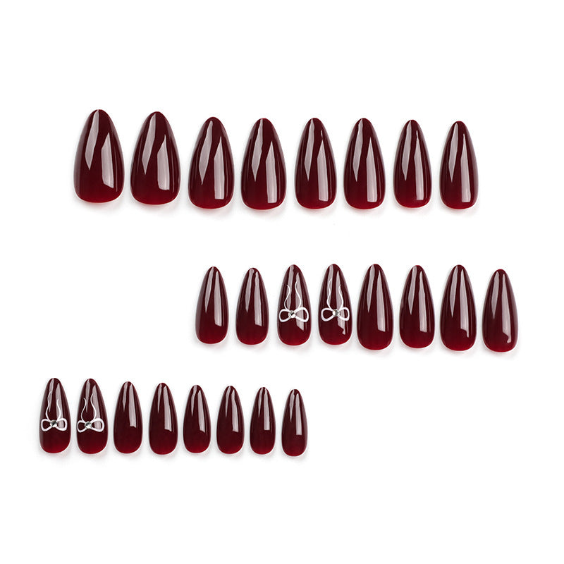Wholesale 24 Pieces/box Valentine's Day Burgundy Bow Press-on Nails Kits Nail Stickers ACC-NS-LeFan066
