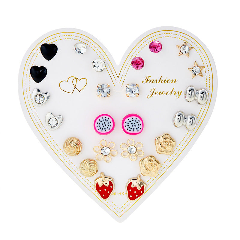 Wholesale month combination earrings 12 pairs of flowers love stars and moon diamond  earrings suit
