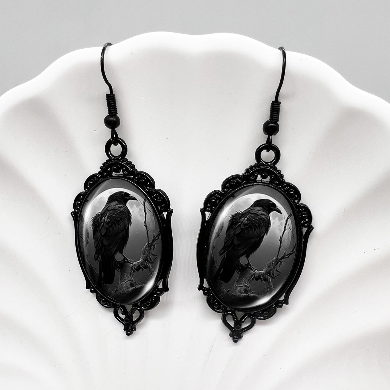 Wholesale Black Crow Skull Oval Lace Earrings