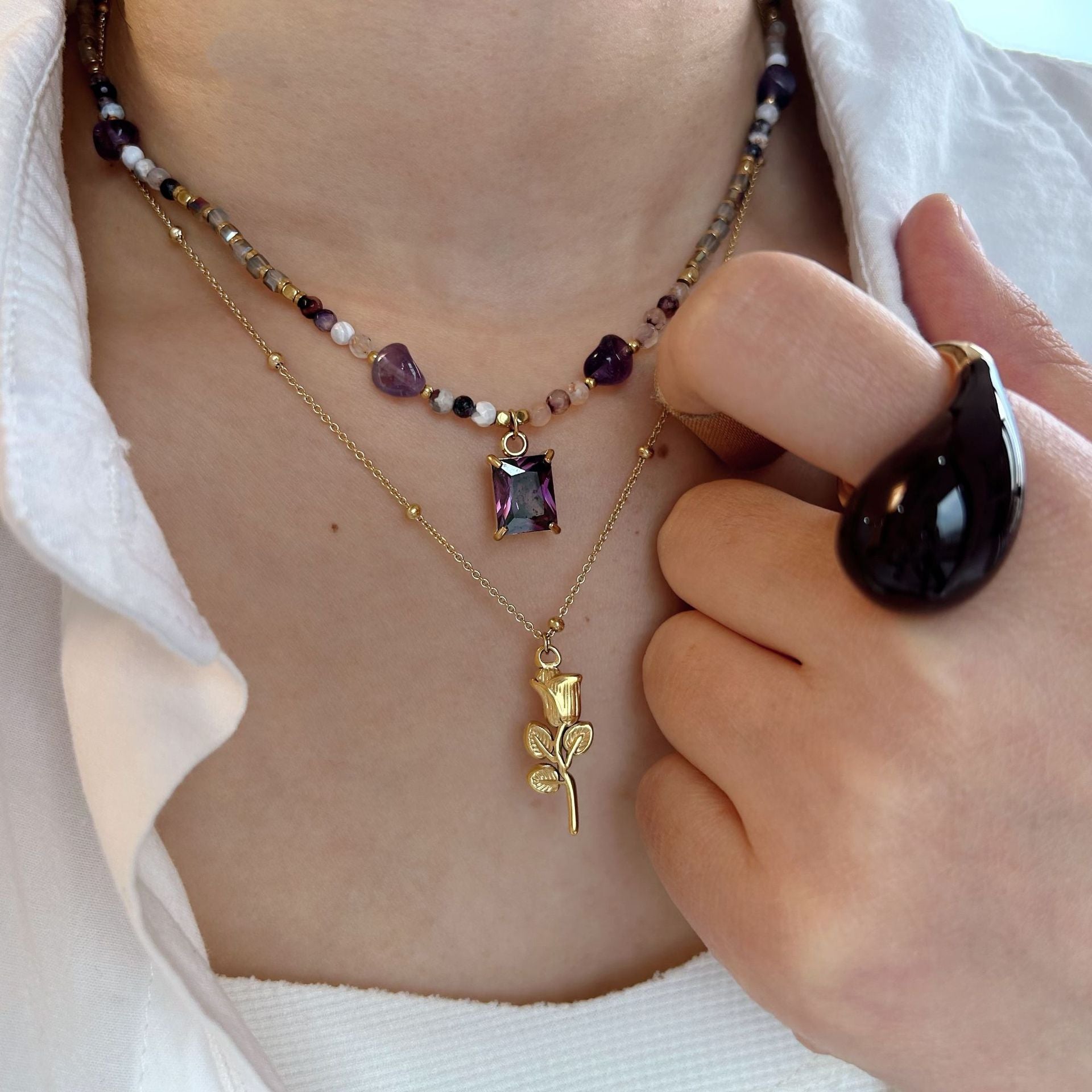 Wholesale Stainless Steel Amethyst Natural Stone Rice Bead Necklace