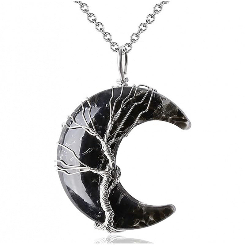 Wholesale Boutique Wire Wrapped Crescent Moon Tree Of Life Amethyst Crystal Necklace Jewelry Accessory