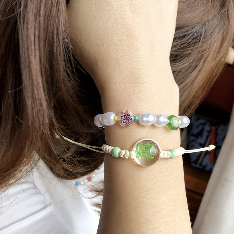 Wholesale Women' s Handmade Dried Flower Bracelet with Glass Ball Charm,  Red,  Boutique Resale Gift for Everyday Wear