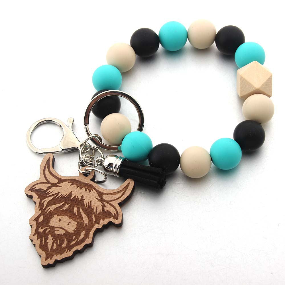 Wholesale Cartoon Western Style Bull Head Wood Chip Silicone Beaded Wristlet Keychain ACC-KC-JinAn015