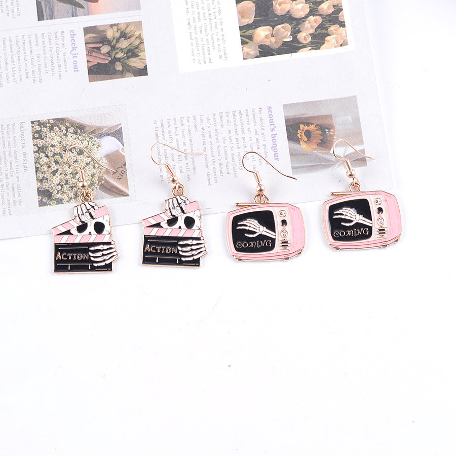 Wholesale Halloween pink and black skull ghost earrings set