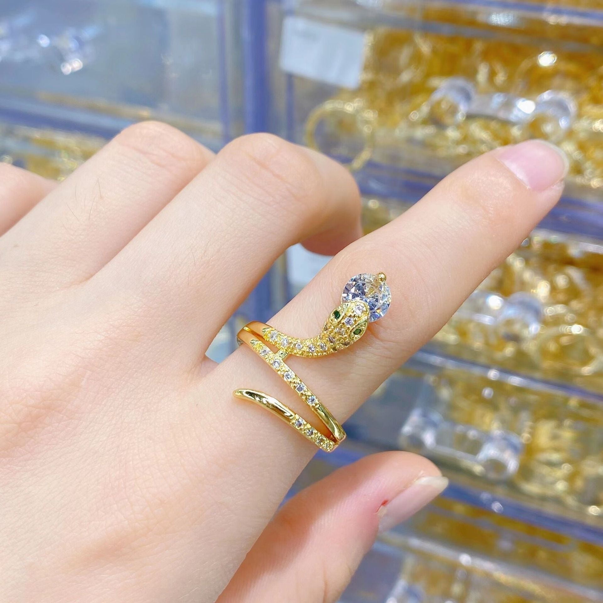 Wholesale Vintage Snake Design Copper Zircon Open Ring Trendy Women S Jewelry Accessory Gift