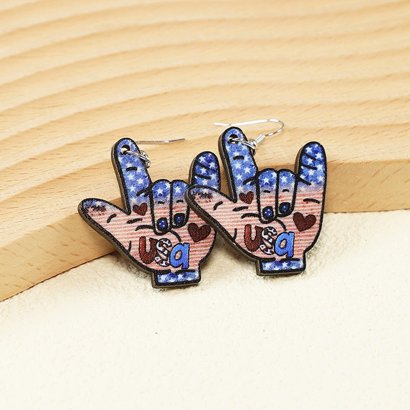 Wholesale Independence Day LOVE fireworks gesture blue, white and red wooden earrings