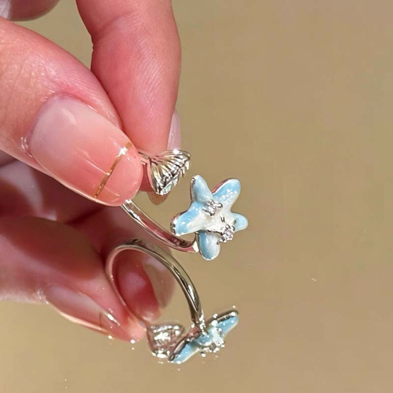 Wholesale Stylish Blue Starfish Shell Open Ring For Women Seaside Vacation Adjustable Size Zinc Alloy Jewelry Gift