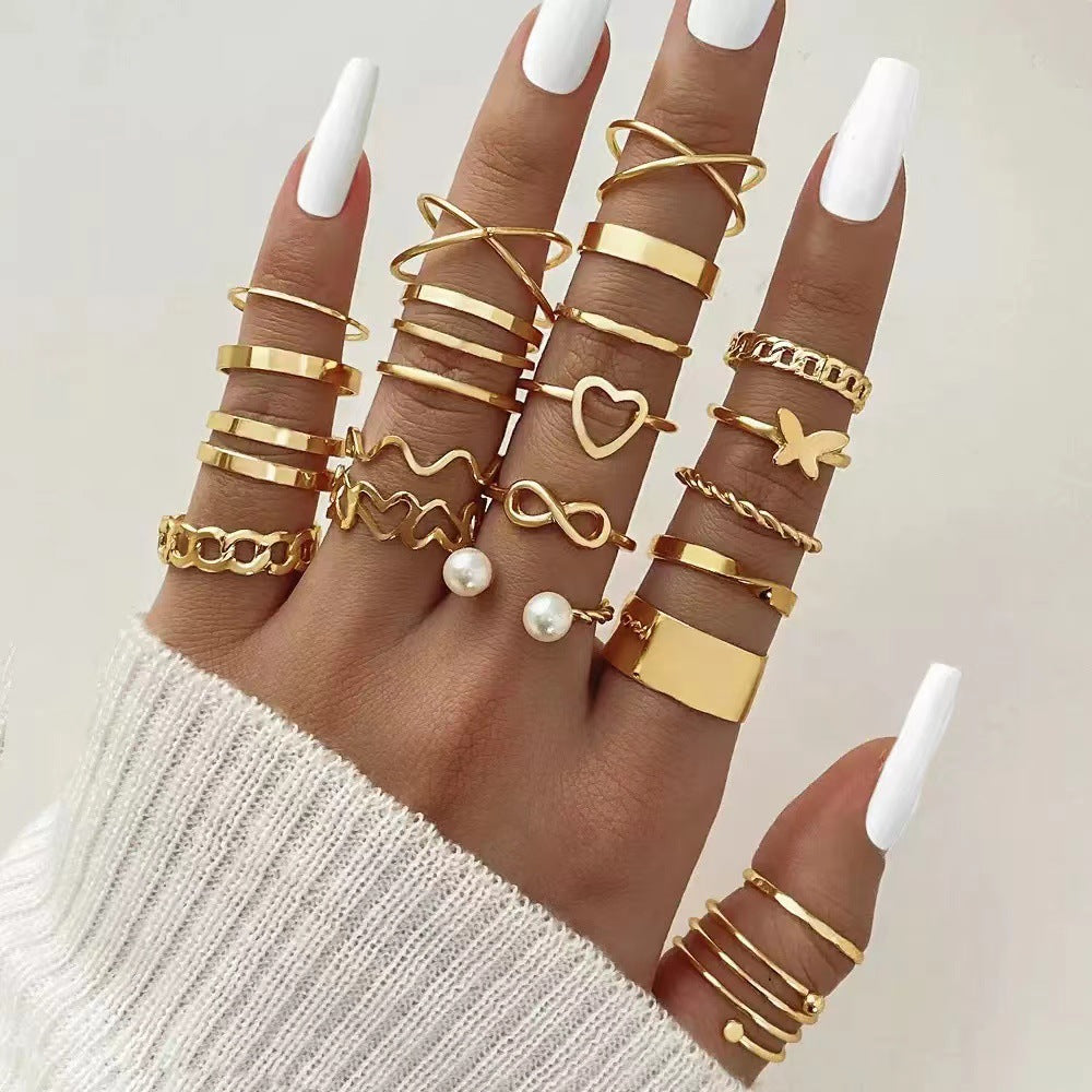 Wholesale Gold Zinc Alloy Geometric Hollow Heart Ring Set 22 Pieces Adjustable Women S Fashion Jewelry