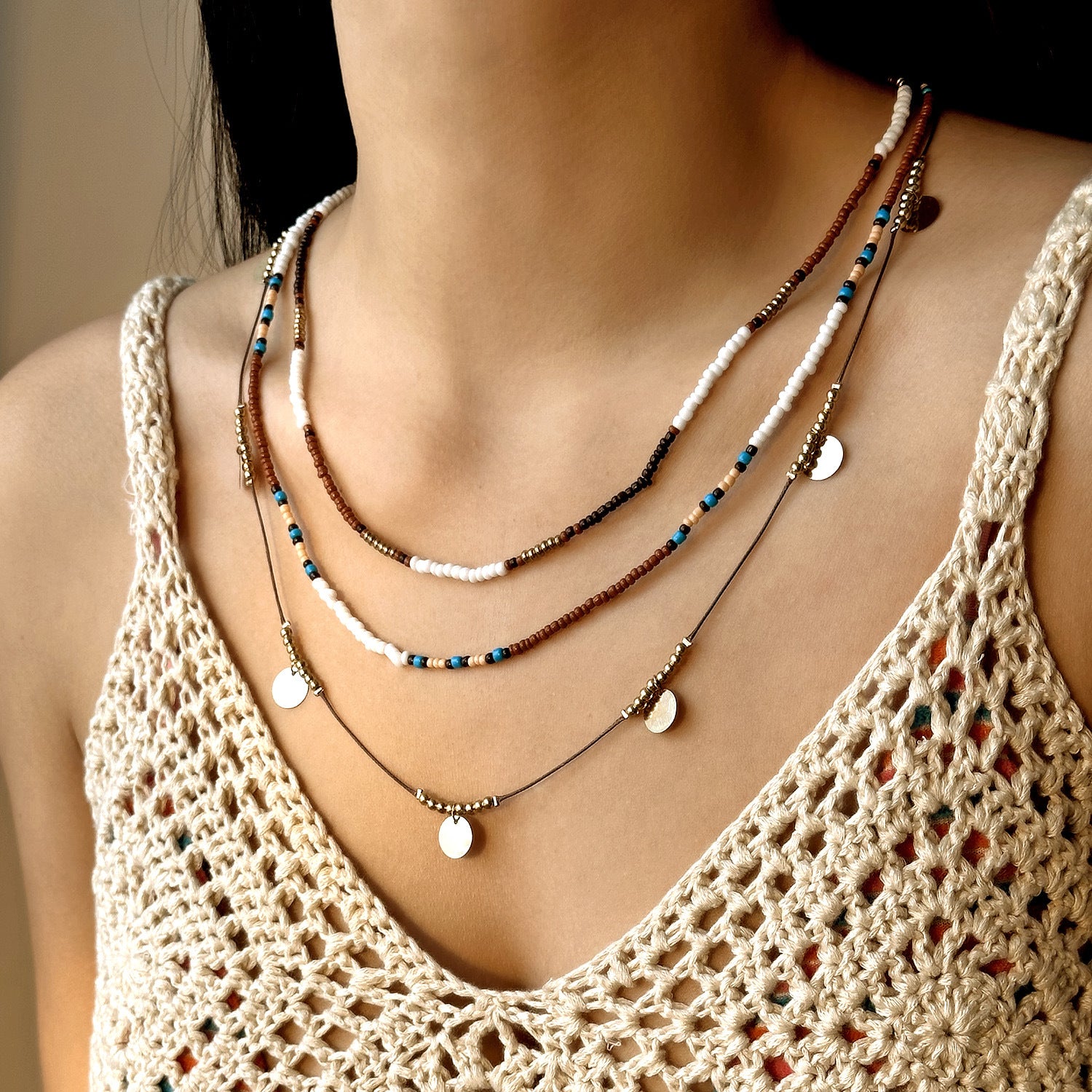 Wholesale beautiful 3-piece Bohemian style beaded necklace