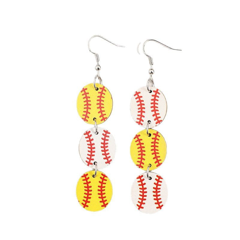 Wholesale Sports style yellow and white baseball stitching wooden earrings