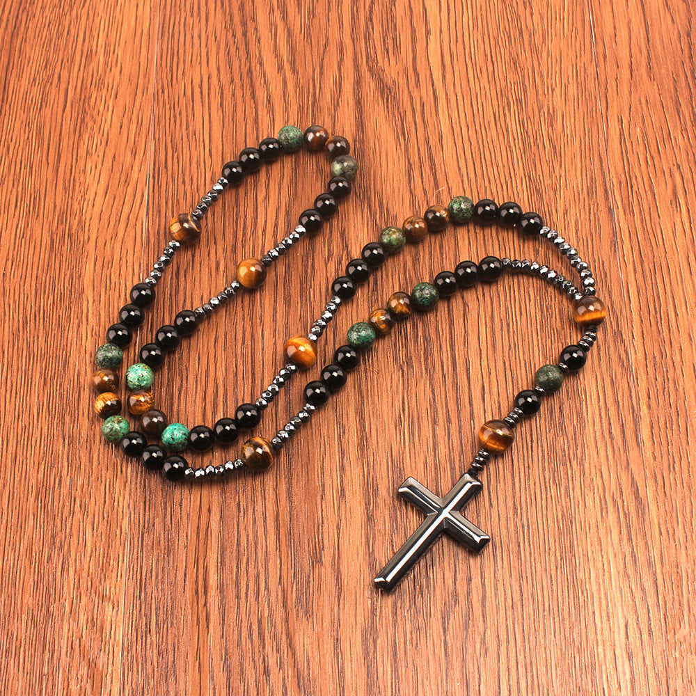 Wholesale Yellow Tiger Eye Retro Natural Stone Men' s Long Cross Necklace