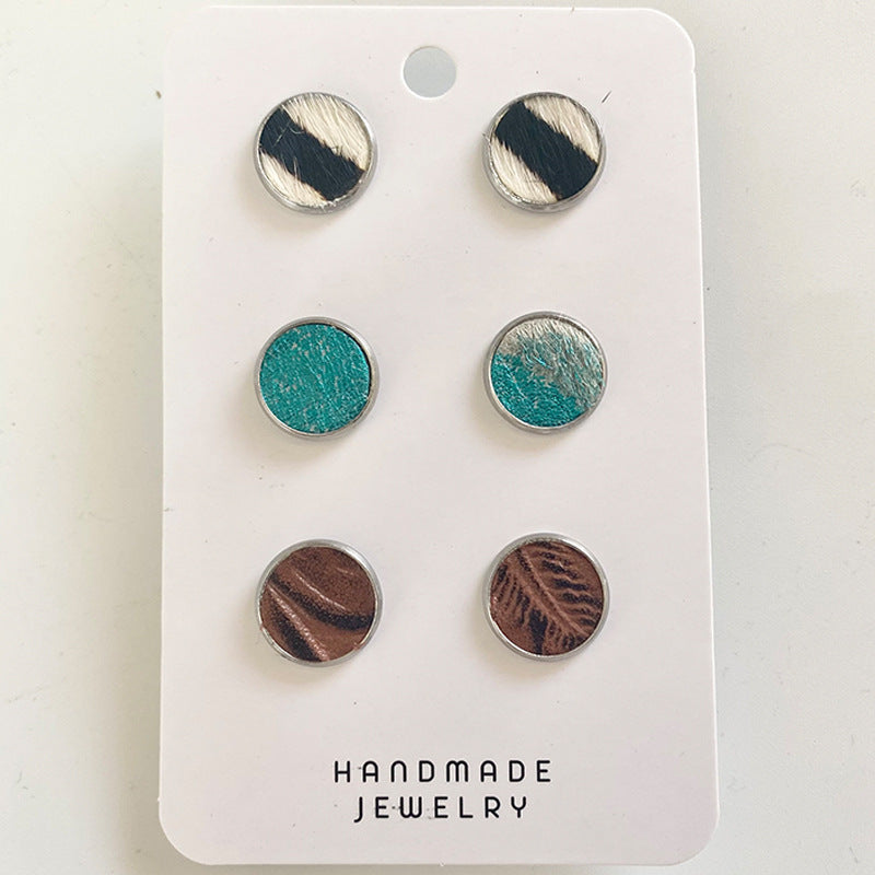 Wholesale 3PCS set of stainless steel and leather Western-style vintage embossed earrings
