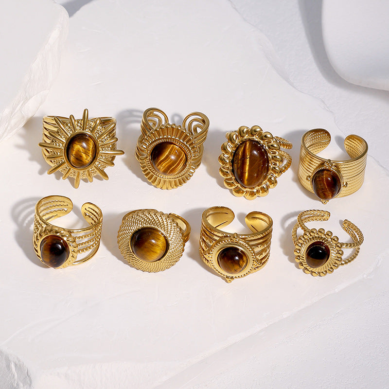 Wholesale Vintage Stainless Steel Open Ring Tiger Eye Stone Fashion Accessory for Resale