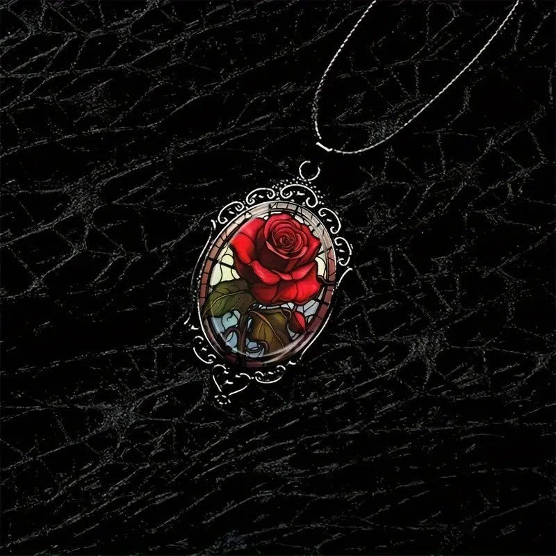 Wholesale Vintage Oval Glass Pendant Necklace with Red in Black Frame - Jewelry Accessory for Resale