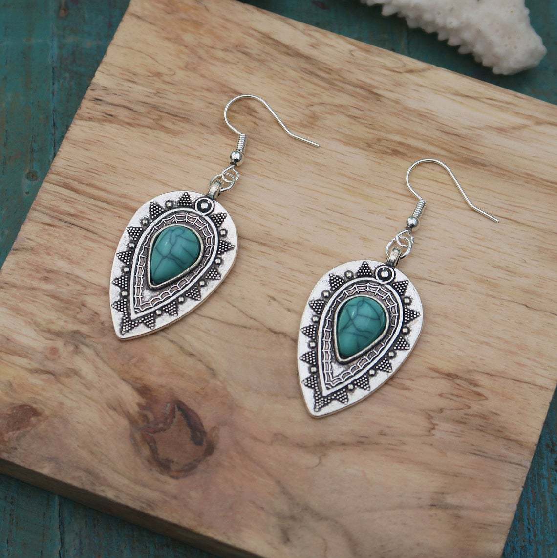Wholesale  Retro Bohemian Carved Water Drop Pine Stone Earrings