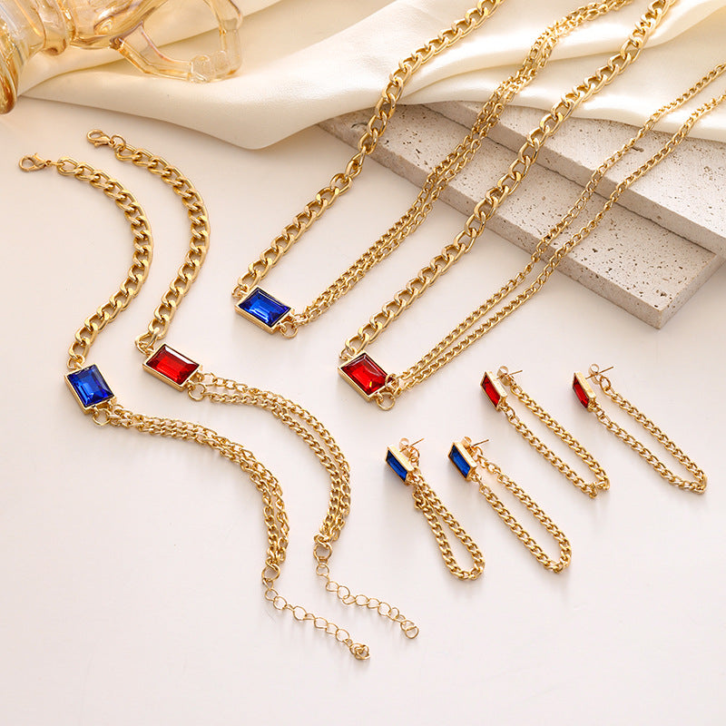 Wholesale Stylish Geometric Zircon Jewelry Set Blue Square Alloy Double Chain Layered Necklace Earrings Hand Accessory Everyday Boutique Resale