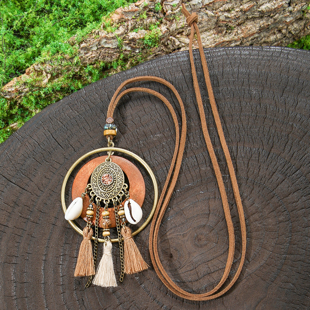 Wholesale Zinc Alloy Bohemian Ethnic Style Long Necklace with Wooden Tassel
