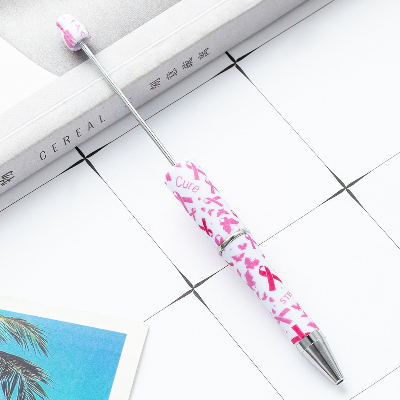 Wholesale Beadable Pens Pink Ribbons Print Plastic Pen DIY for Beaded