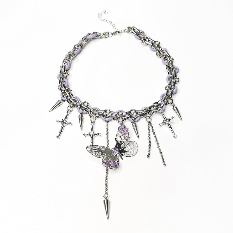 Wholesale Hollow Butterfly Diamond Purple Leather Rope Chain Necklace