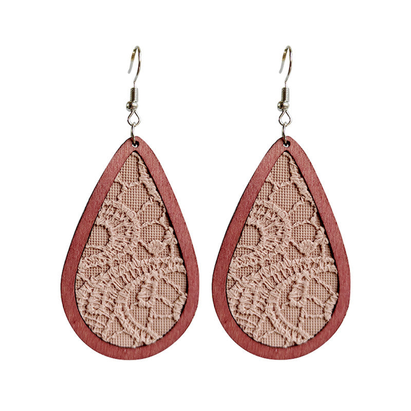 Wholesale 2 pairs/ pack Leather embossed teardrop wooden frame Bohemian earrings