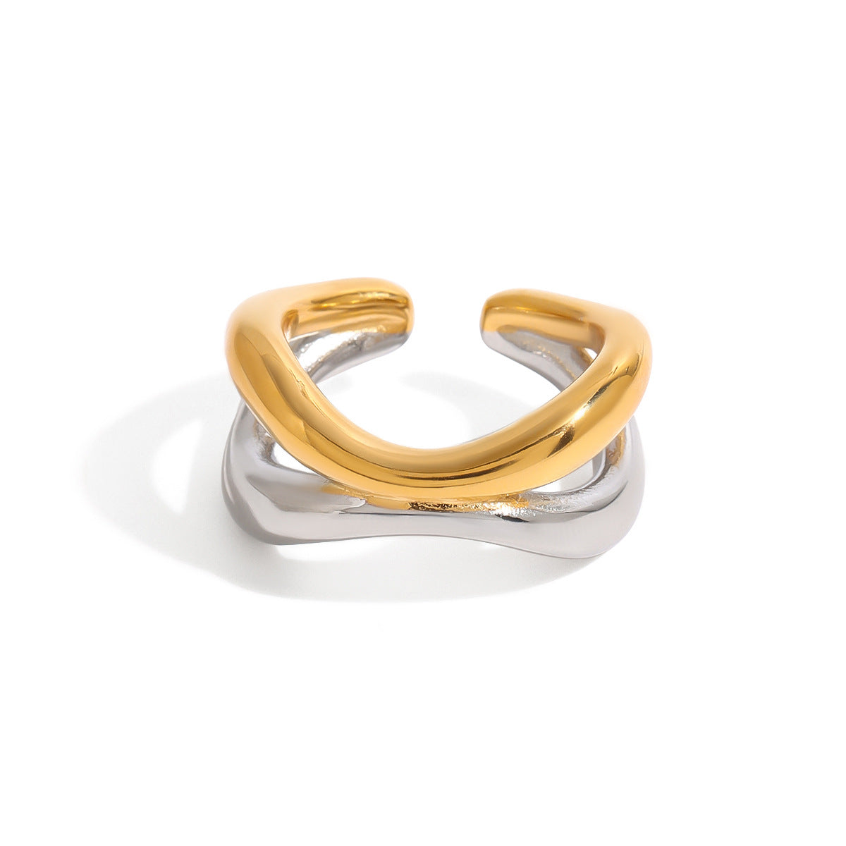 Wholesale  18k gold stainless steel gold and silver color  irregular lines double-layer hollow opening ring