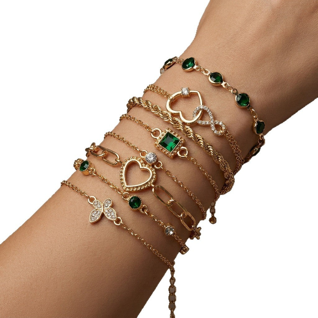 Wholesale 8 Piece Emerald Butterfly Heart Bracelet Set Fashion Jewelry Accessory For Everyday Wear And Gift Giving