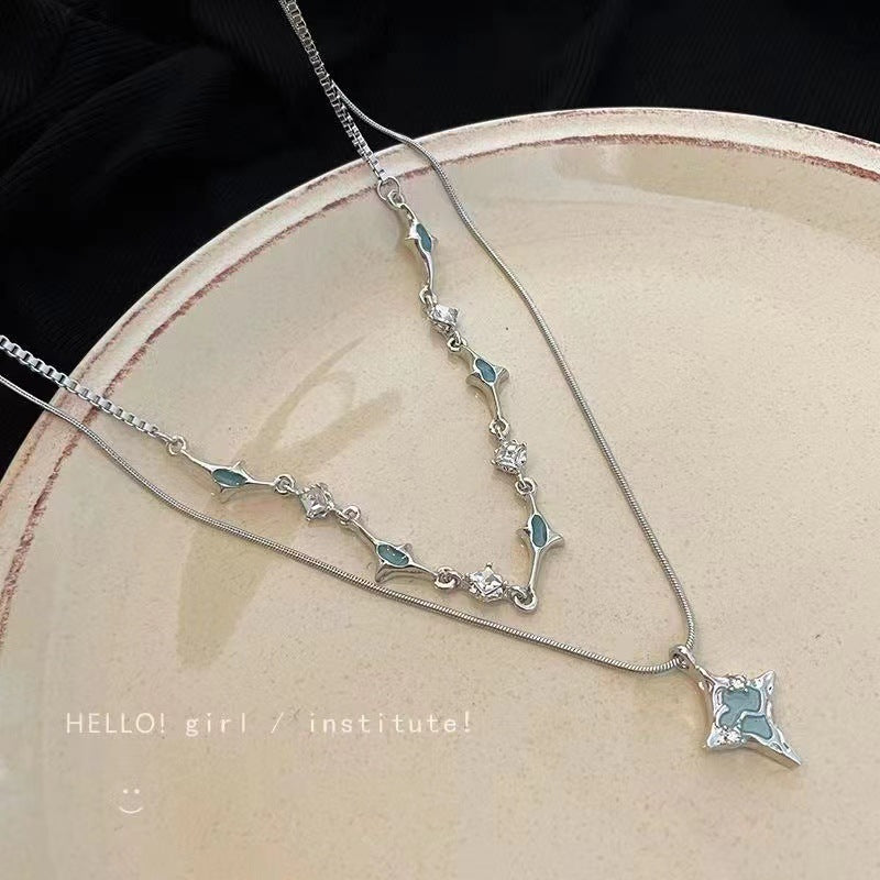 Wholesale Double-layer Blue Four Mans Star Zircon Necklace