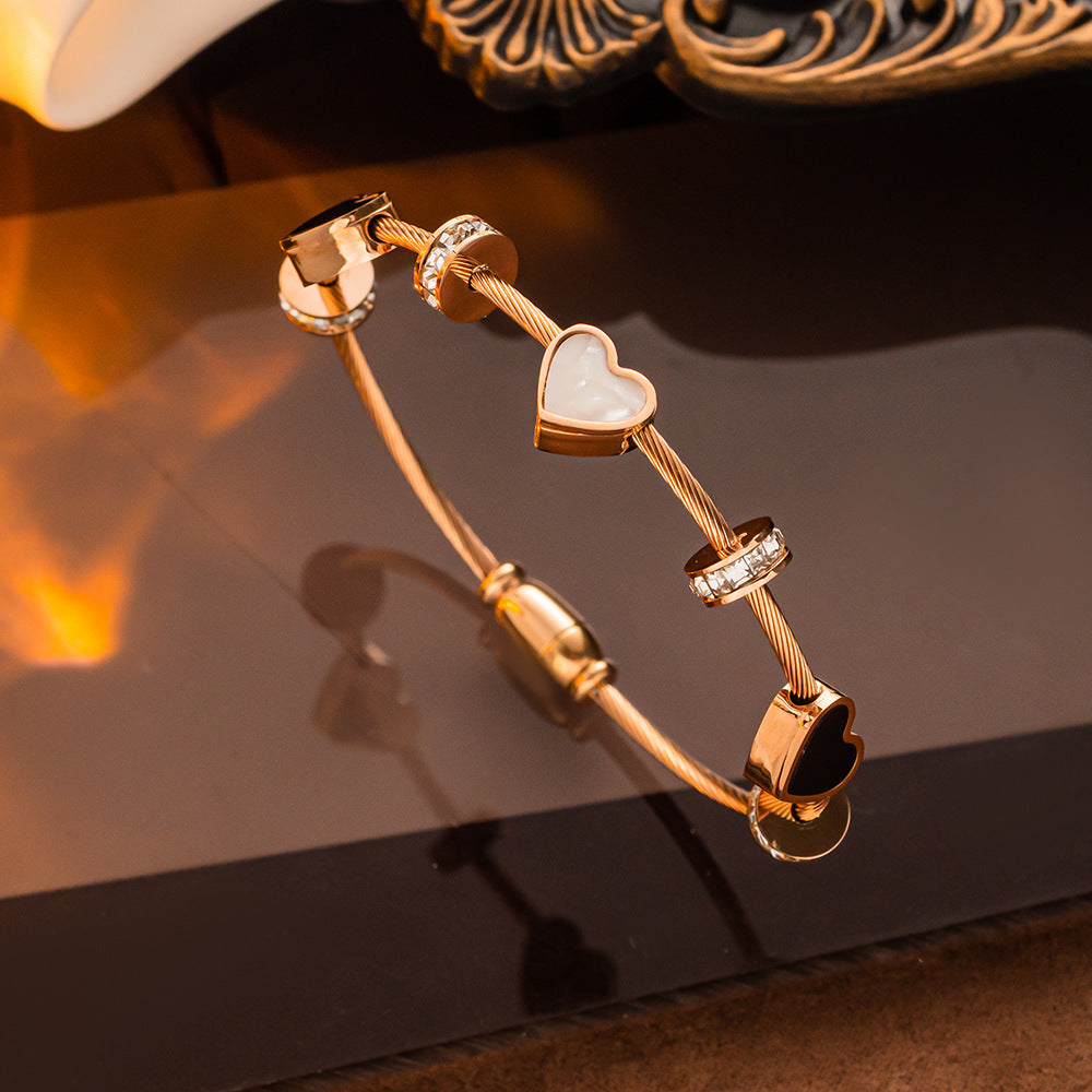 Wholesale Titanium Steel Double Heart Micro Inlaid Zircon Gold Bracelet ACC-BT-NaBao006