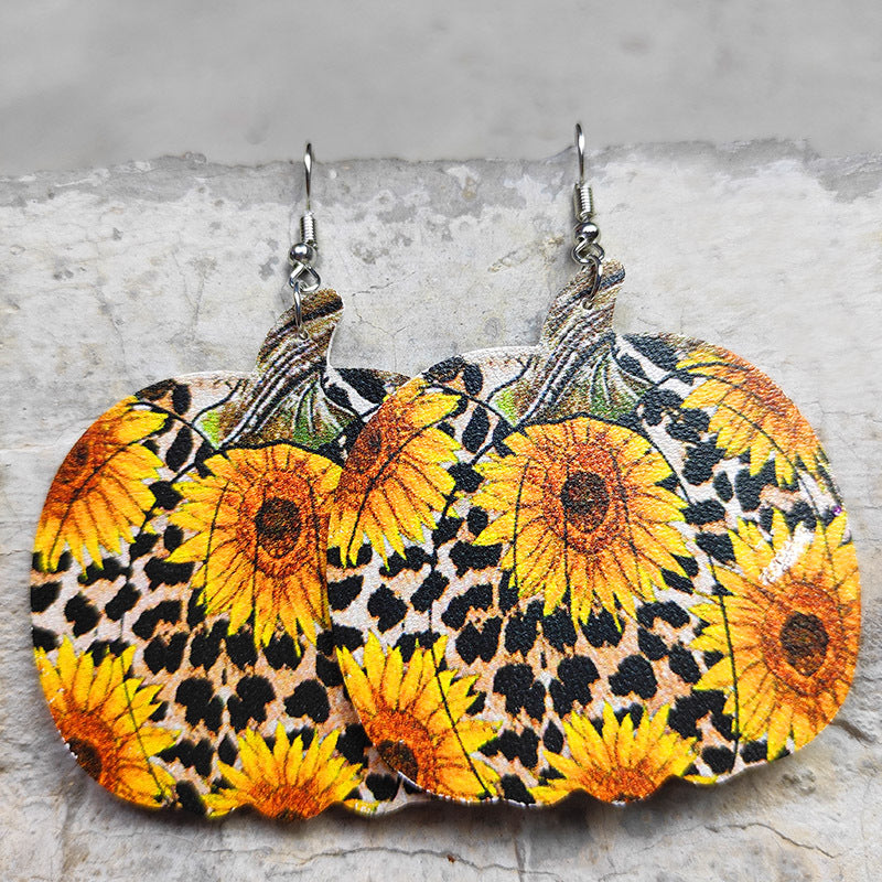 Wholesale 2 Pairs/pack Western Style Cow Sunflower Leopard Print Cross Drop-shaped Leather Earrings ACC-ES-HY054