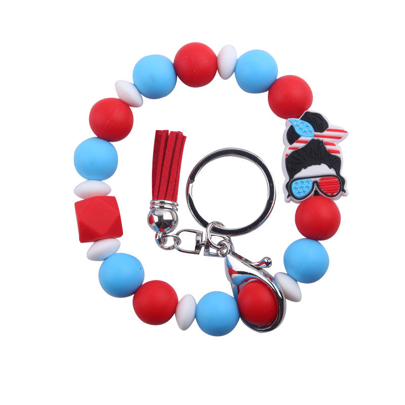 Wholesale Wristlet Keychain New Keychain Pendant Leather PU Short Tassel Silicone Beads Independence Day Bracelet Keychain ACC-KC-GuangTian037